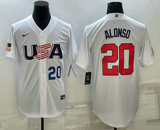Mens USA Baseball #20 Pete Alonso Number 2023 White World Baseball Classic Stitched Jerseys